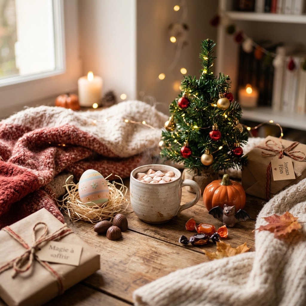 Sapin de Noël décoré avec des citrouilles et crânes festifs, cheminée et peluches pour une ambiance cocon Halloween-Noël.